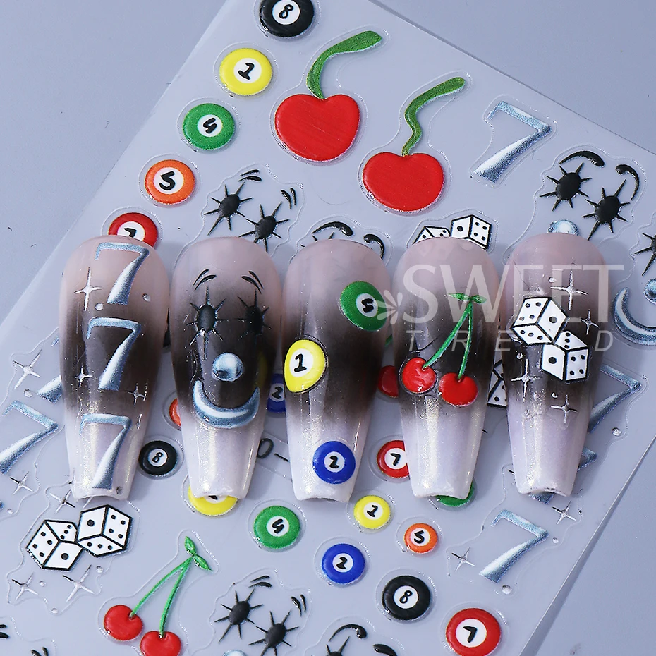 2pcs Halloween Clown Designs Nail Stickers 5D Cute Cherry Bow Billiard Star Adhesive Nail Decals DIY Manicure Decoration Sliders