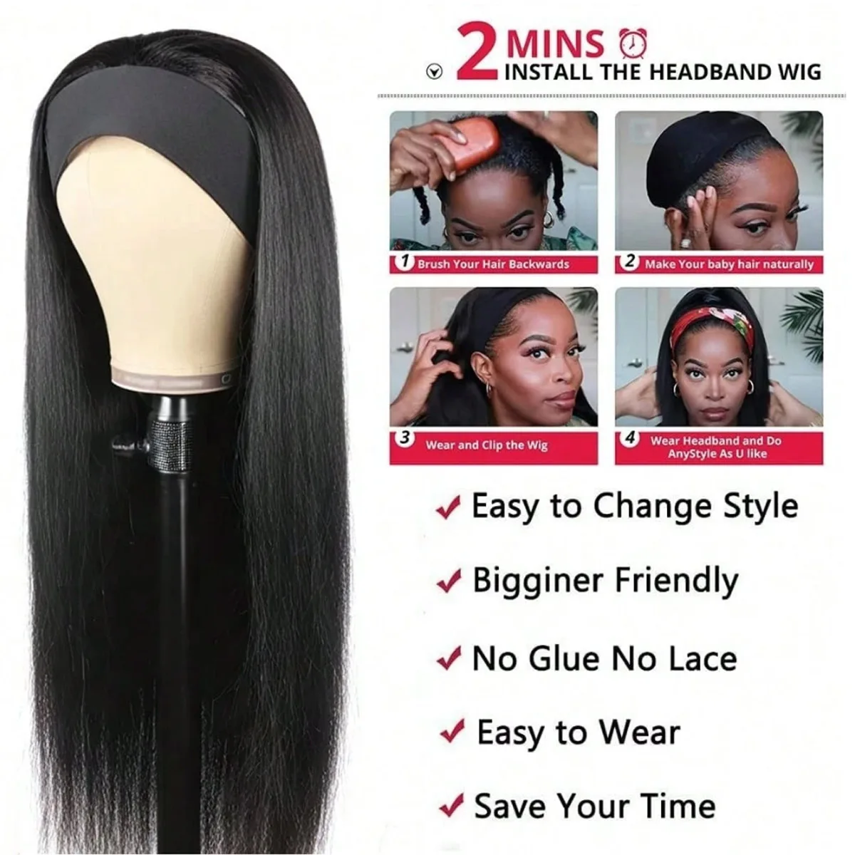 Headband Wig Human Hair Straight 20 Inch Headband Wigs for Women Glueless None Lace Front Human Hair Headband Wig 200% Density