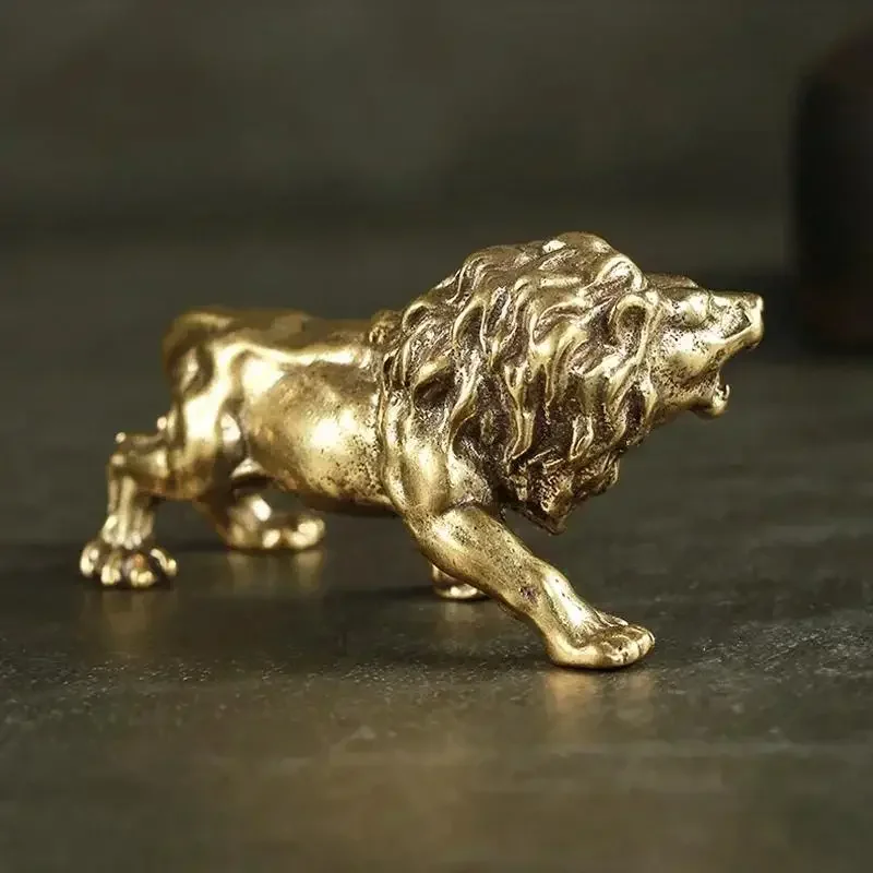 Hot Antique Bronze Lion King Statue Small Ornaments Solid Copper Mountain Lions Miniature Figures Brass Sculpture Crafts Decor