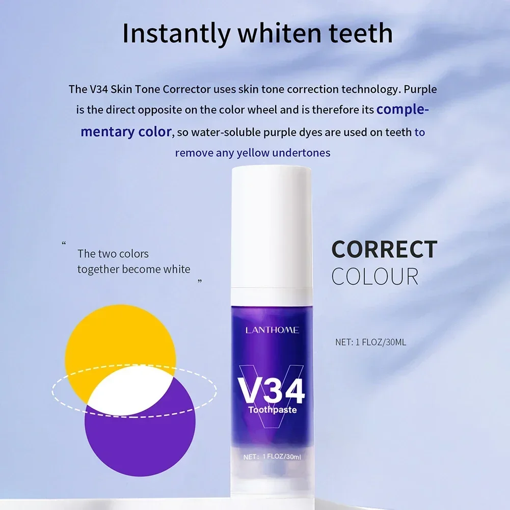 V34 Colour Corrector Teeth Whitening Toothpaste Oral Cleaning Repair Fresh Breath Remove Stain Adult Oral Care Ingredient Safety