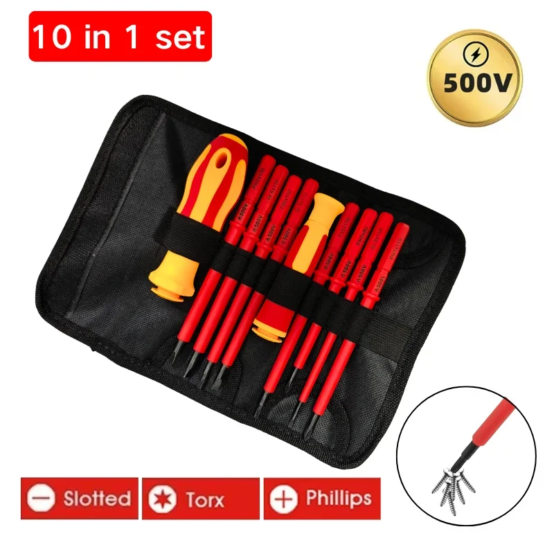 10 In 1 Interchangeable Blade 500V Insulated Screwdriver Set With Case Magnetic For Home Professional Electricians Repair Tools screwdriver set