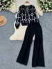 SINGREINY Basics Print Knit Two Pieces Sets Autumn Winter Single Breasted Cardigan+Wide Leg Long Pants Fashion Streetwear Suits 2