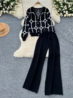 SINGREINY Basics Print Knit Two Pieces Sets Autumn Winter Single Breasted Cardigan+Wide Leg Long Pants Fashion Streetwear Suits 2