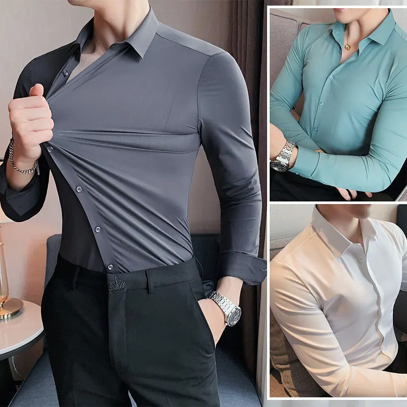 Men's Long Sleeve Shirt High elastic and traceless non-ironing business leisure long sleeve shirt