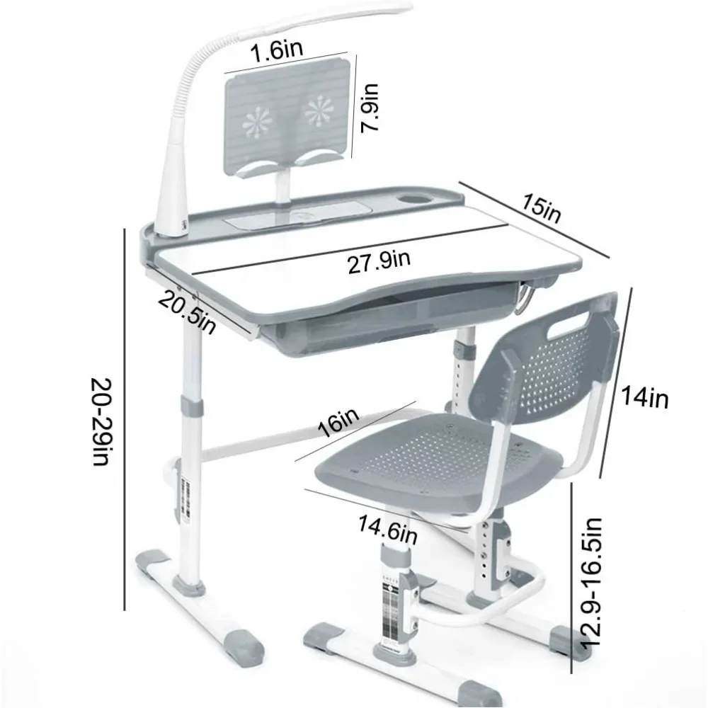 Kids Desk and Chair Set, Children School Study Desk with Tilt Desktop, Bookstand, LED Lamp, for Boys Girls, (Grey) 6