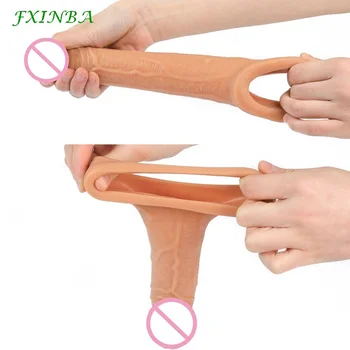 FXINBA 14-20cm Realistic Silicone Penis Extender Sleeve Delay Ejaculation Reusable Condoms Sex Toys For Men Extention 6