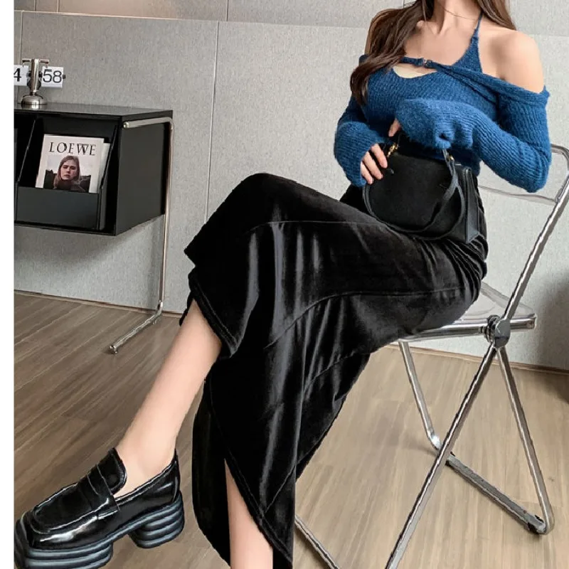 ハイウエストベルベットスカート女性服気質チュニックペチコート