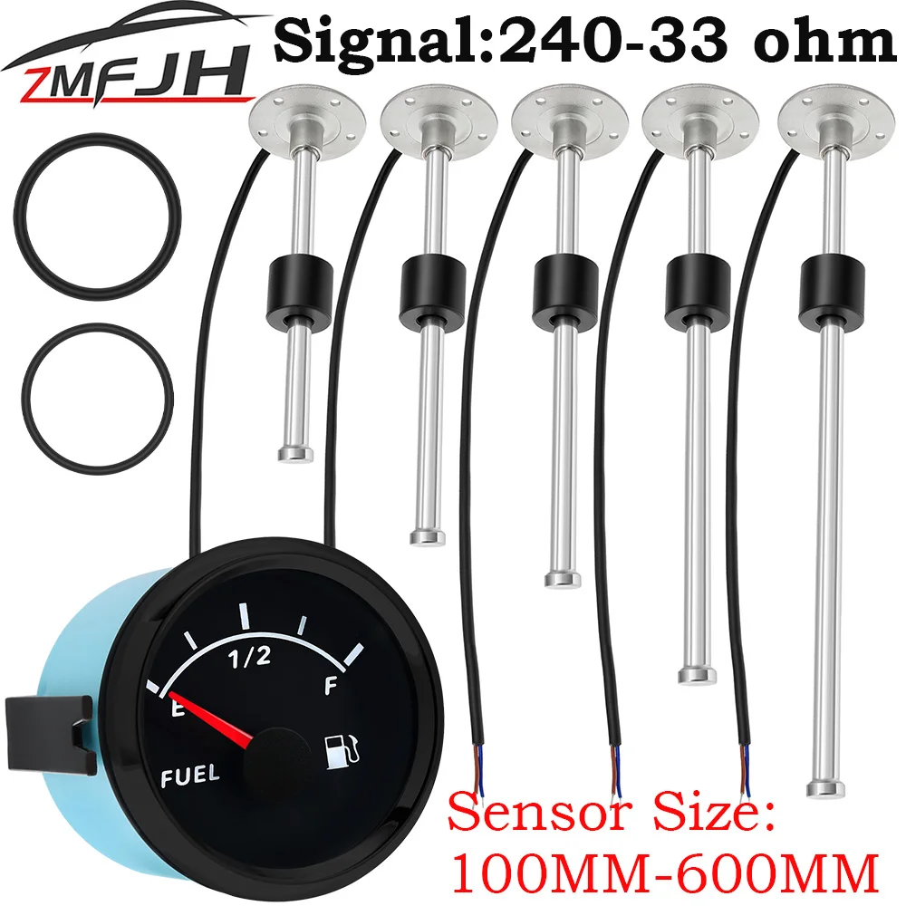 Red Backlight Fuel Gauge 52mm With Fuel Level Sensor 125mm 200mm 300mm 400mm Oil Tank Level