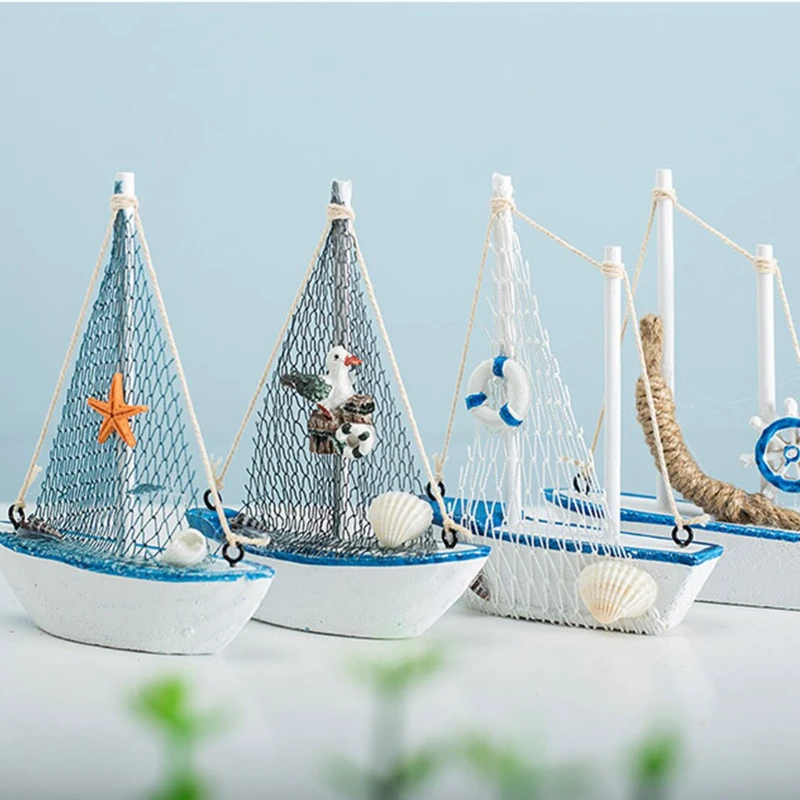 1 pz mini stile mediterraneo marino nautico in legno blu barca a vela nave artigianato in legno ornamenti sala festa decorazione della casa - immagine 3