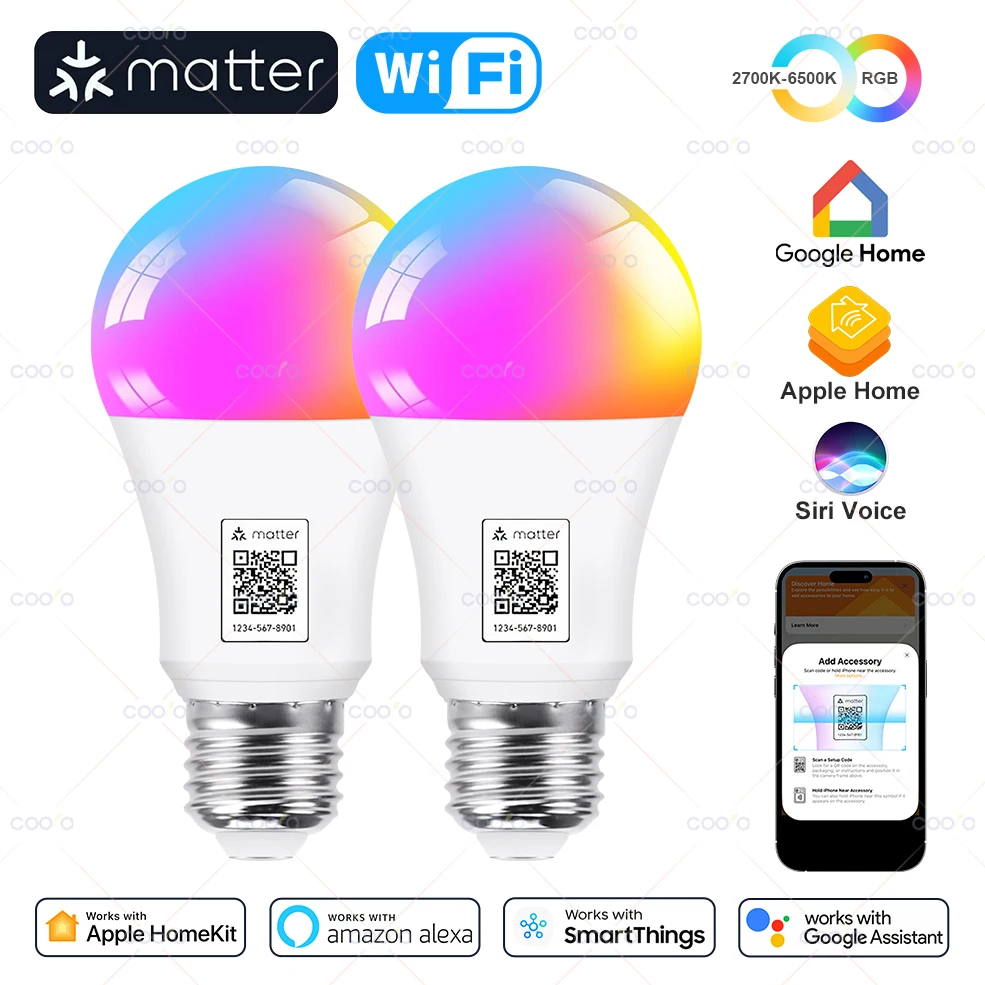 

COOLO Matter Smart Light Bulb RGB E27 Wifi Led Bulb Smart Home Works with Alexa Google Home Apple Home Homekit SmartThings Siri