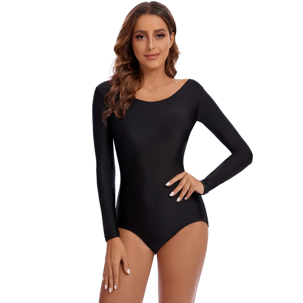 Adults Long Sleeve Dance Leotards For Women Spandex Scoop Neckline Black Ballet Gymnastics Bodysuit Team Basic Dancewear ballet leotard dance leotard