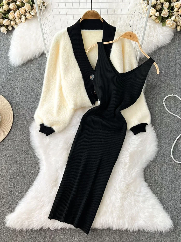 

Women Autumn Dress Sets Thickened Imitation Mink V-neck Short Sweater Jacket Two-piece Versatile Slim Knit Strap Dress D5348