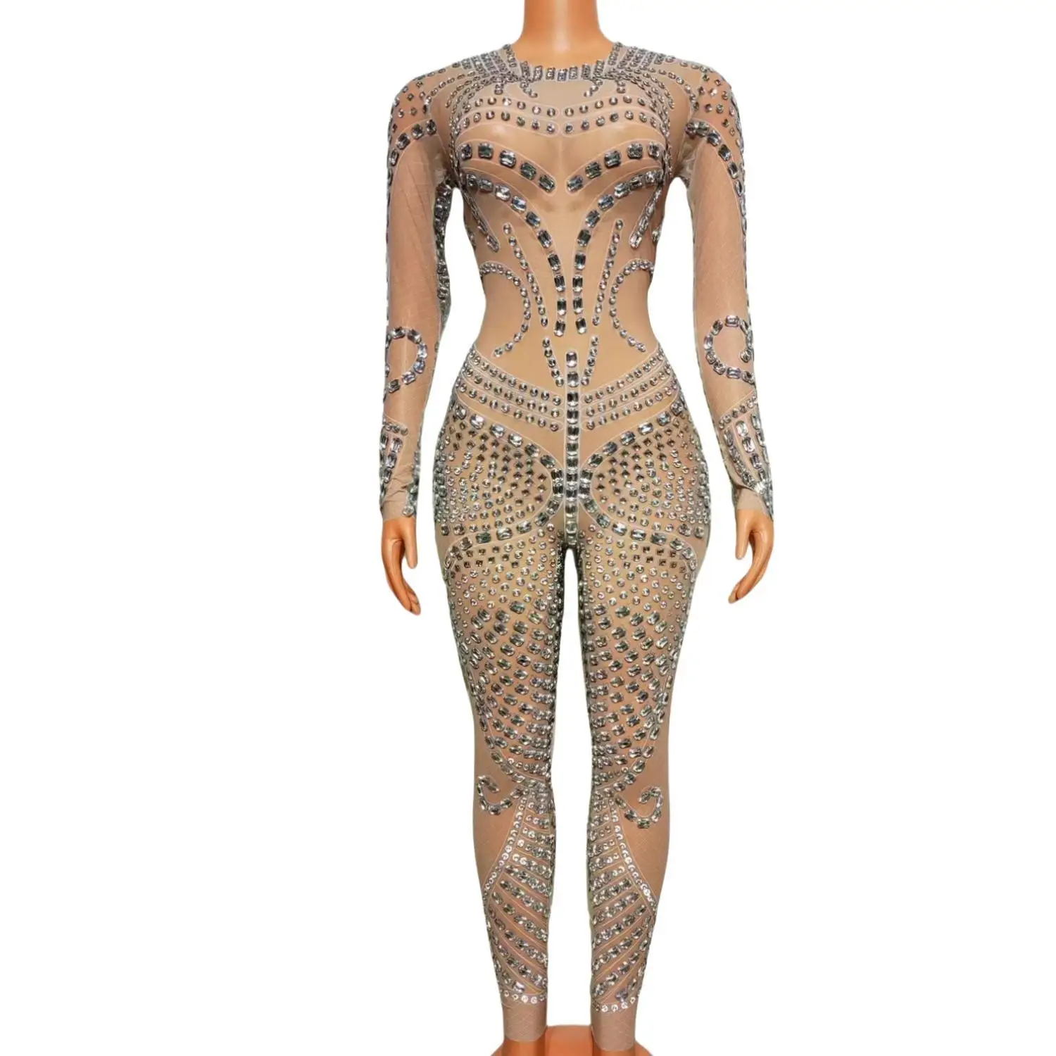 

Women Pole Dancing Goddess Pageant Senior Drag Queen Costume Sparkly Hot Drilling Process Rhinestone Crystals Jumpsuits Mazha