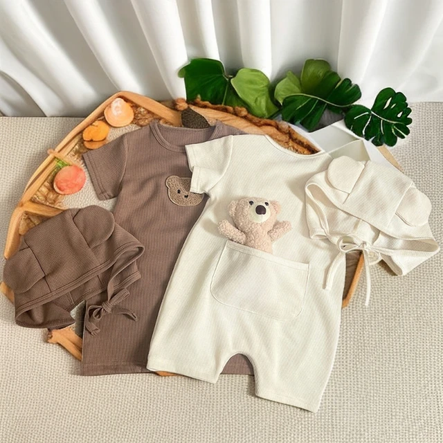 Baby Bear Bodysuit 2023 Summer Waffle Cubs Baby Clothes Infant and Toddler  Short Sleeves One Piece