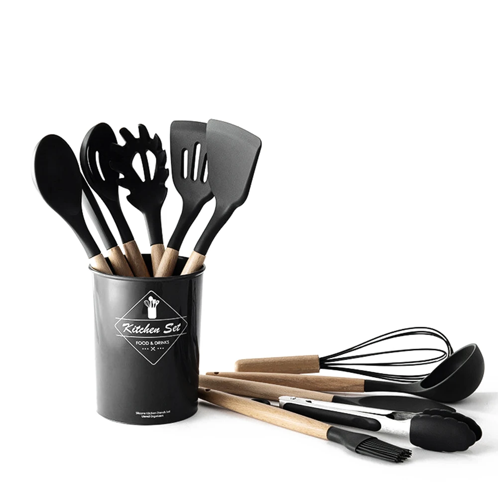 Silicone Kitchenware Utensils Set Black Non-stick Cookware Spatula Shovel Egg Beaters Wooden Handle Kitchen Cooking Tool Set kitchen utensils