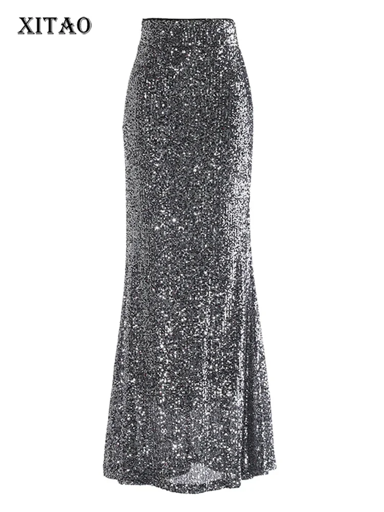 

XITAO Casual Sequin Female Skirt Solid Color All-match Slimming Women 2023 Winter New Simplicity Trend Elegant Skirt HQQ1878