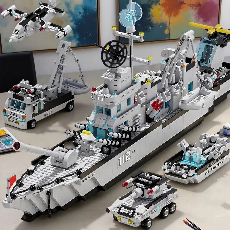 Large Navy Aircraft Carrier Building Blocks Military Warship Airplane Set Kids D