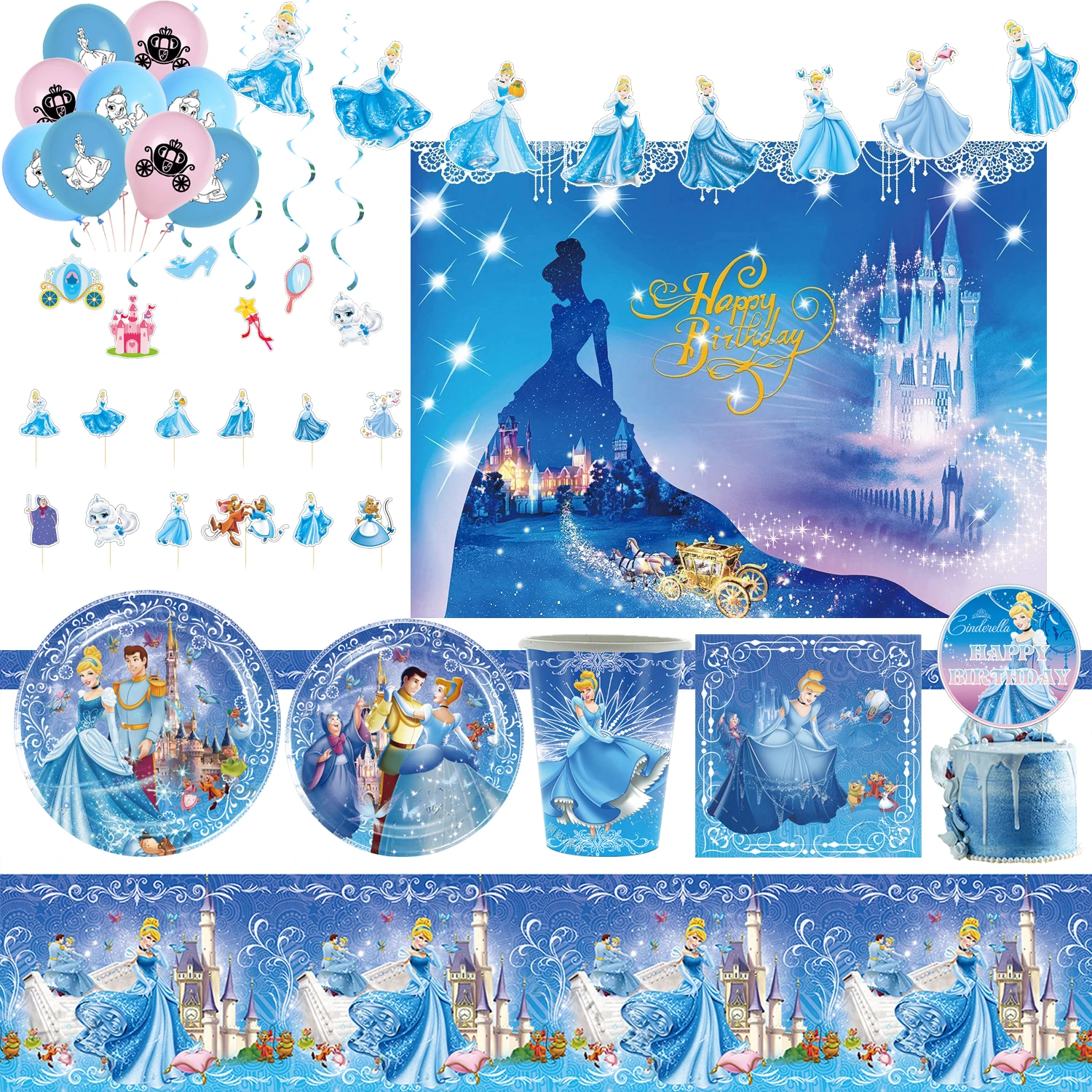 Disney Blue Cinderella Princess Birthday Party Decoration Supplies Disposable Cutlery Balloon Background Baby Shower Girl Gift