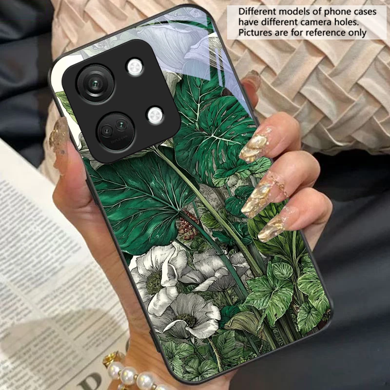 Green Tropical Plants Black Tempered Glass Phone Case