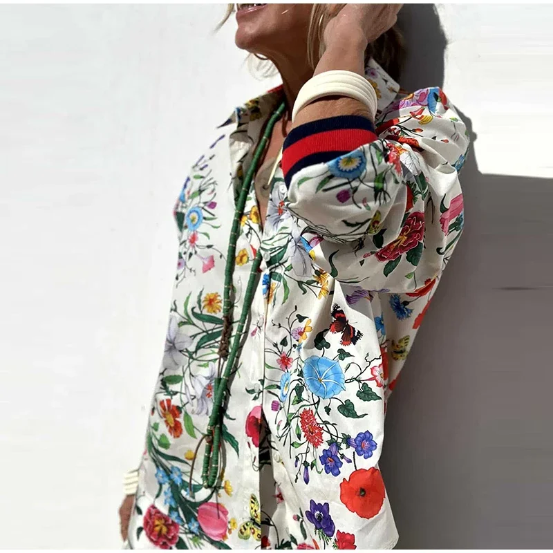 2024 Print 2 Pant Set Ladies Chic Lapel Shirt Set Wide Leg Pants Spring/summer Streetwear