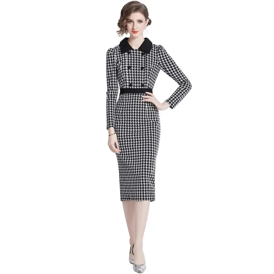 Fashion Black White Checkered Houndstooth Dress Women Long Sleeve Sheash  Pencil Midi Dresses Office Lady Double Breasted - AliExpress 200000345