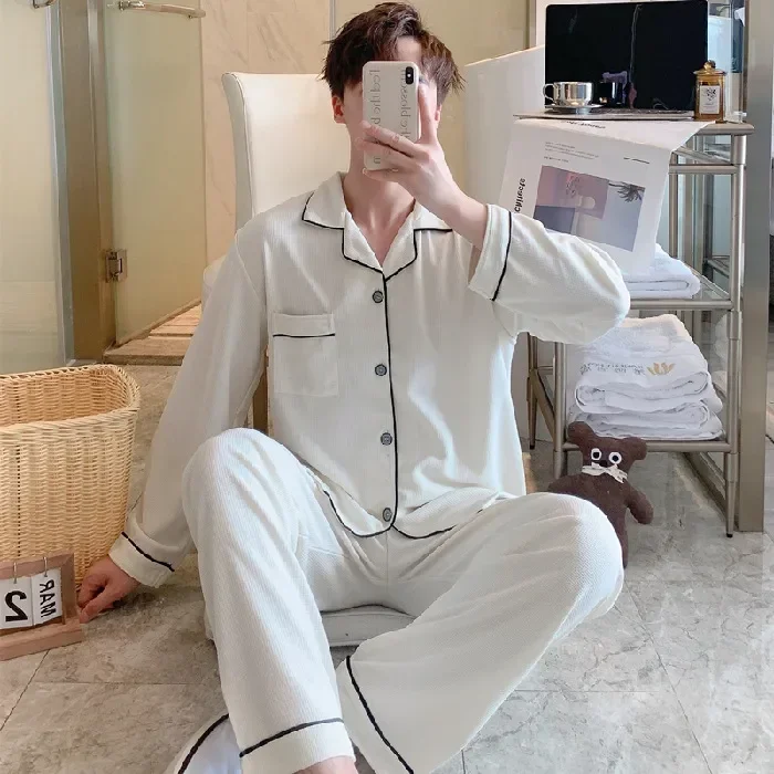 

For Sleeve Fashion Home Long Wear Men Pyjama Clothes Pieces Waffle Sleepwear Pants 2 Set Night Homewear Men Bedroom Soft