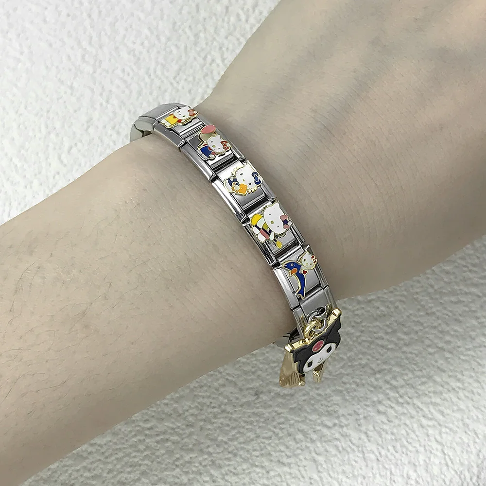 Y2k Colorful Italian Charm Links Bracelet  Cute Kawai Cat Hand Chain Cute Pendant Hello Kitty Kuromi hellokitty