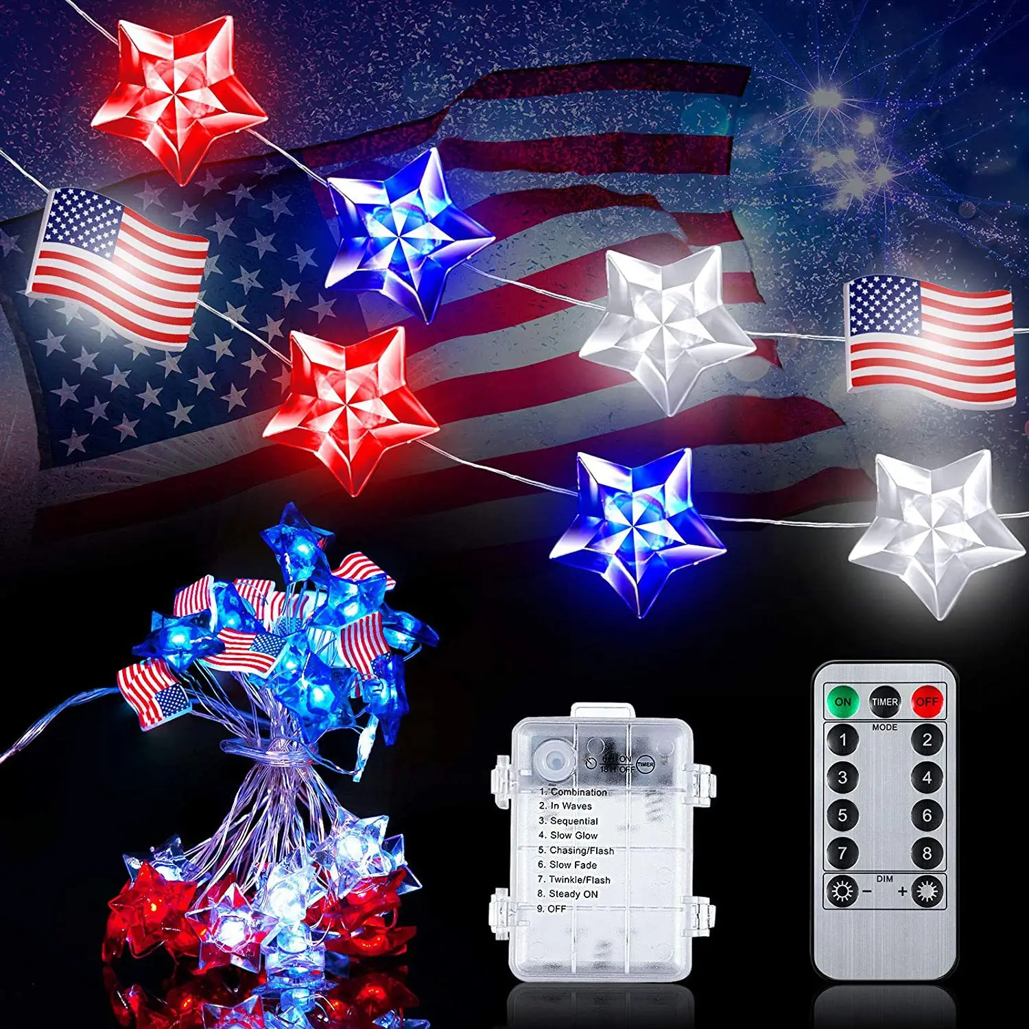 

American Flag String Lights with Remote Control US Independence Day Fairy Lights Waterproof Red White Blue Stars String Lights