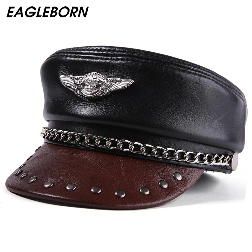 

New Leather Hat Military Cap Leather Cap Captain Cap Men Cowhide Military Cap Retro Motorcycle Cap Women German Army Cap Women