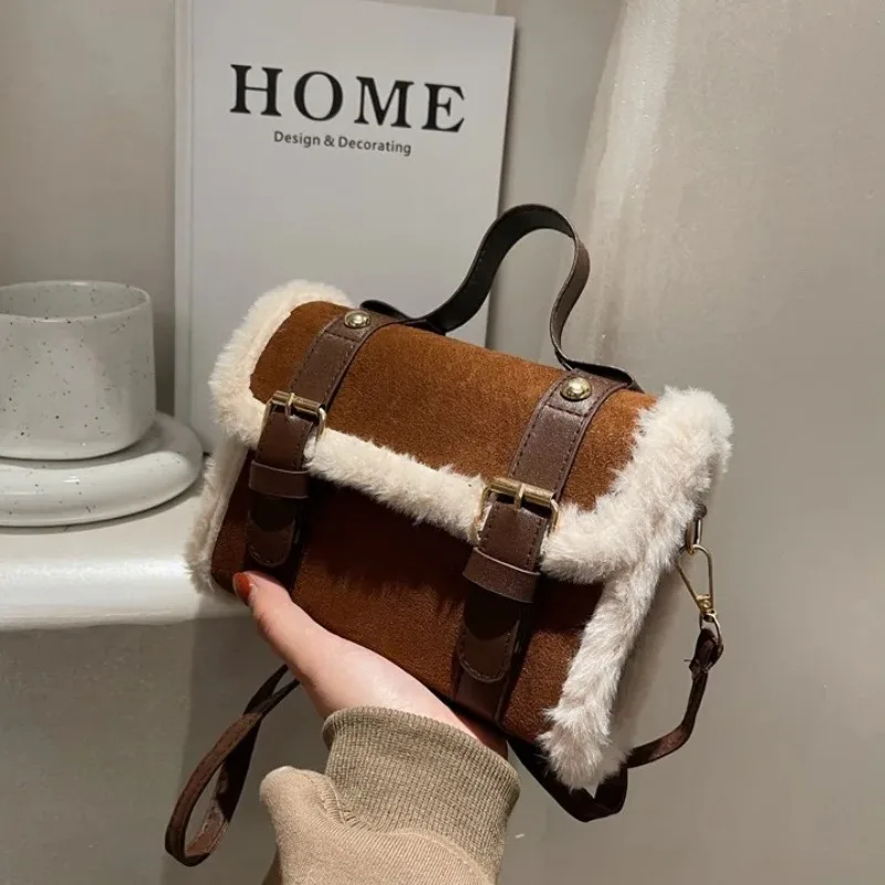 Winter Autumn Crossbody Bags for Women Lamb Plush Velvet Shoulder Bag Lady Small Square Office Commuter Handbag