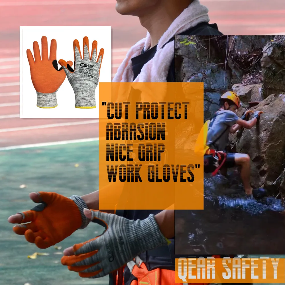 QearSafety Cut level 5 Protection Work Gloves HPPE fiber Knitted Sandy Orange Color Nitrile Palm Coated Anti-slip Flexible anti cut gloves,work gloves,cut resistant gloves,protective gloves