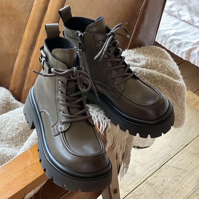 New Short Tube Boots For Women Autumn Winter Fashion Lace-up Ladies Chelsea Zipper Botas Mujer Boots Sports Platform Women Shoes