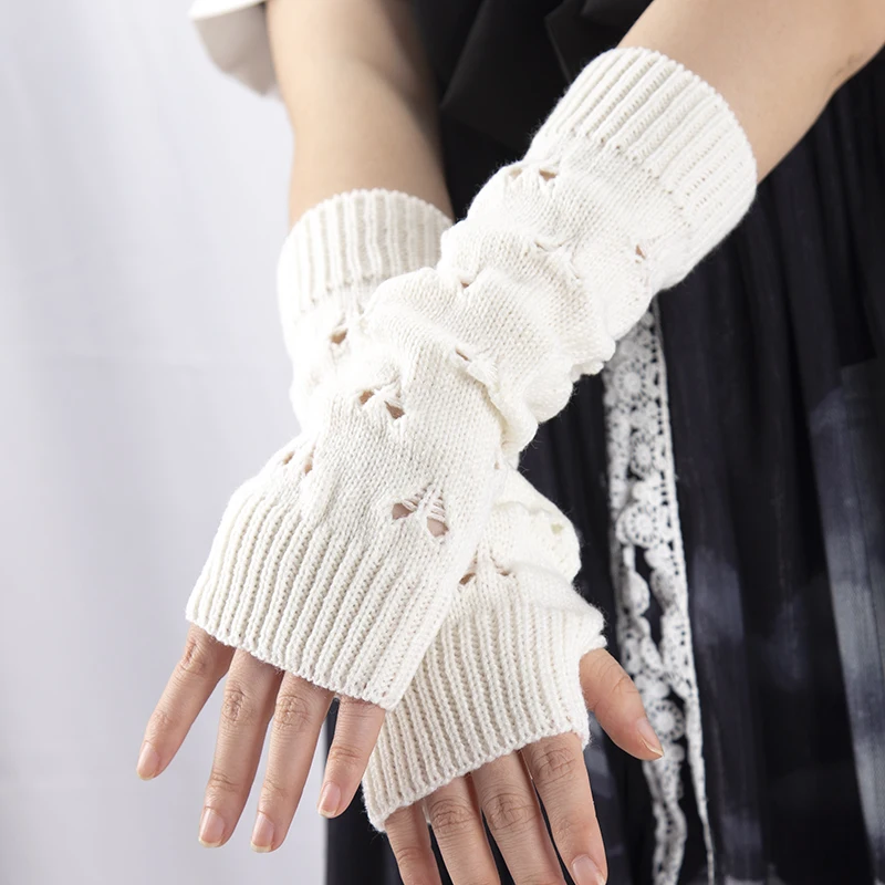 New Gothic Lolita Anime Knitting Long Gloves JK Girls Oversleeve Women Fashion Winter Cuff Fingerless Arm Warmers Heart Mitten