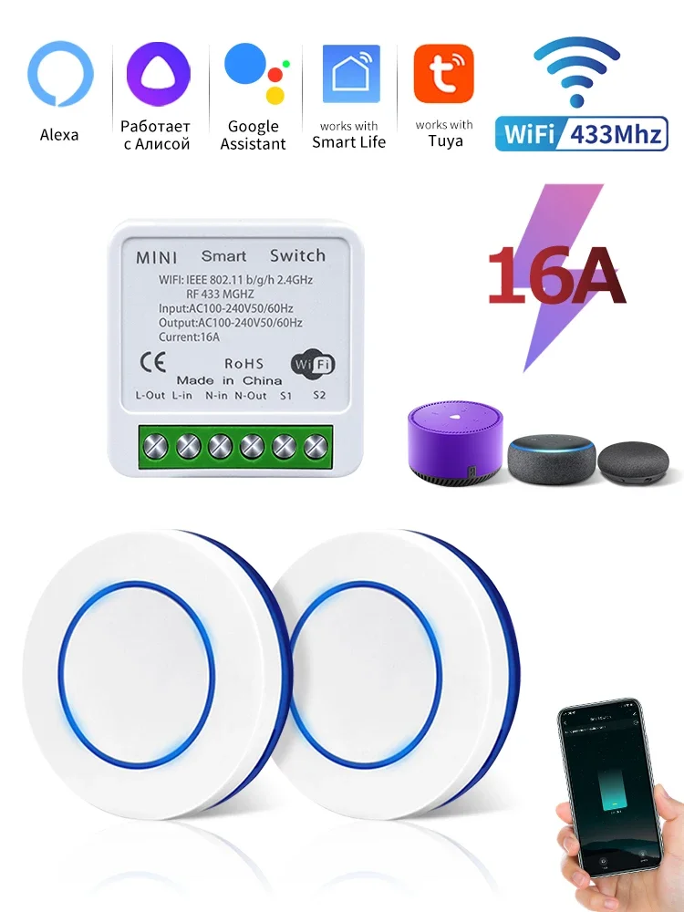 Smart WiFi Tuya Switch with RF 433MHz Wireless Relay for Wall Panel LED Lighting