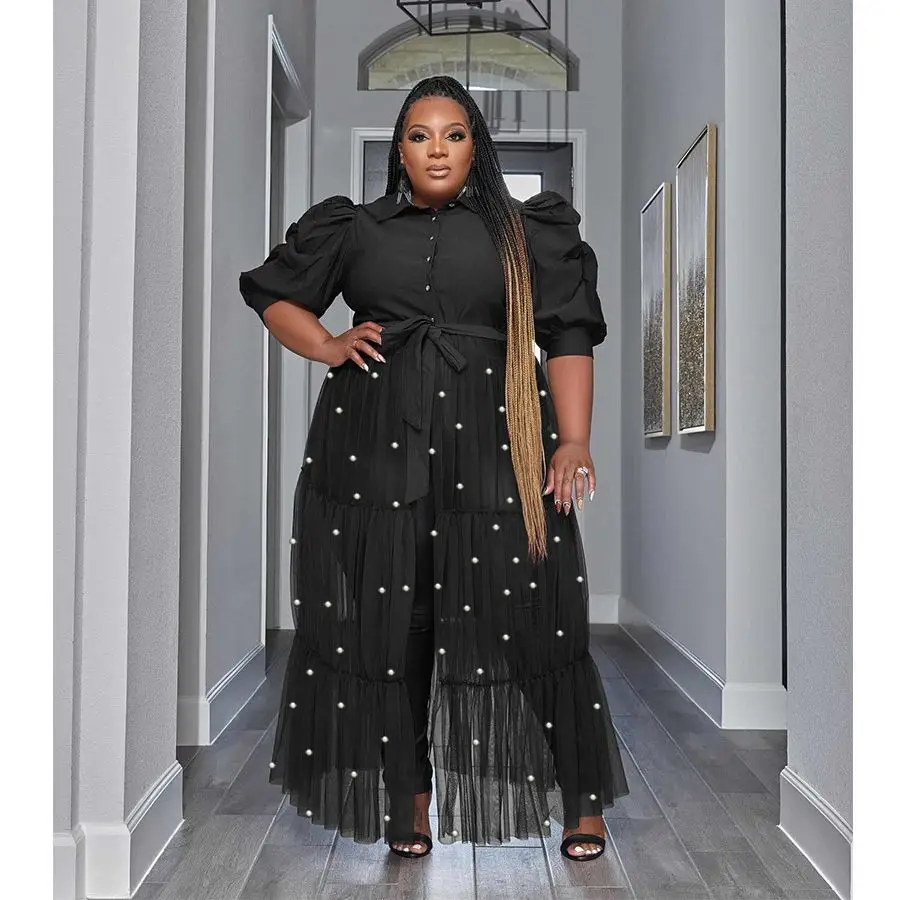 Plus Size Curvy Woman Dress Mesh Pearl Patchwork Fashion Elegant Club Outfit Casual Luxury Gowns 2023 Summer Evening Party Dress