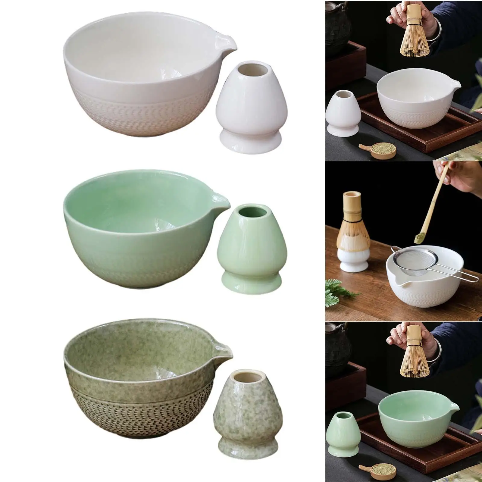 2Pcs Traditional Matcha Bowl with Whisk Holder Handmade Matcha Ceremony for Traditional Ceremonial Home Table Office Bedroom