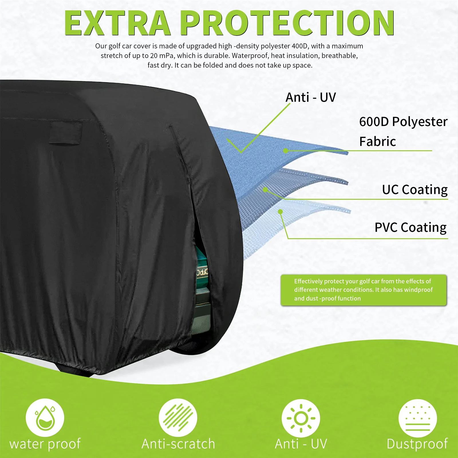 Golf Cart Cover 210D Waterproof Universal Fits Most Brand 2/4 Passenger Sunproof Dustproof Outdoor Zipper