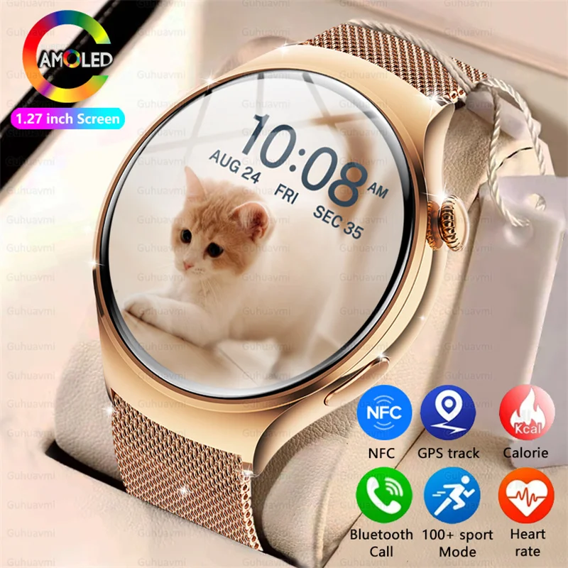 pour huawei ios femmes montre 4 mini montre intelligente amoled nfc horloge de fréquence cardiaque bt appel gps dame smartwatch pour femmes cadran personnalisé rose