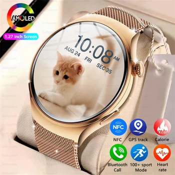 Pour HUAWEI IOS femmes montre 4 Mini montre intelligente AMOLED NFC horloge de fréquence cardiaque BT appel GPS dame Smartwatch pour femmes cadran personnalisé rose