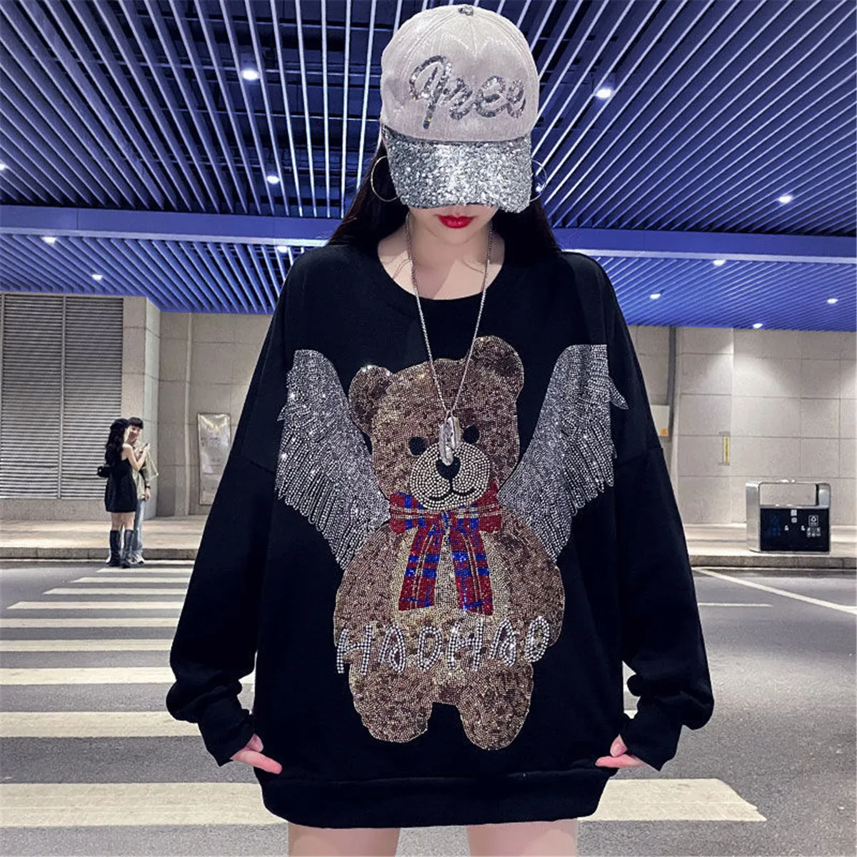 

Diamonds Bear Print Hoodie Girl Japan Black Cotton Anime Tops Thin Fashion Women Ulzzang Punk Harajuku Cartoon Sweatshirt Femme