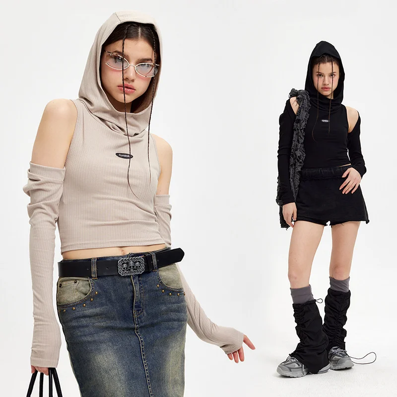 

Women's Gentle Wind Short Vest Long Sleeve T-shirt Korean Slim Hooded Two-Piece Set Simple Streetwear Tops Fall