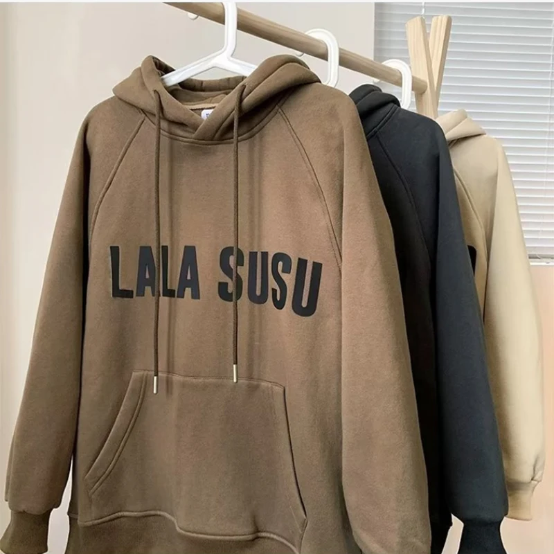 

Men's Autumn Winter Plush Thick Hooded Sweatshirt Letter Printing Streetwear Pullovers Men Fashion Casual Long Sleeves Hooded