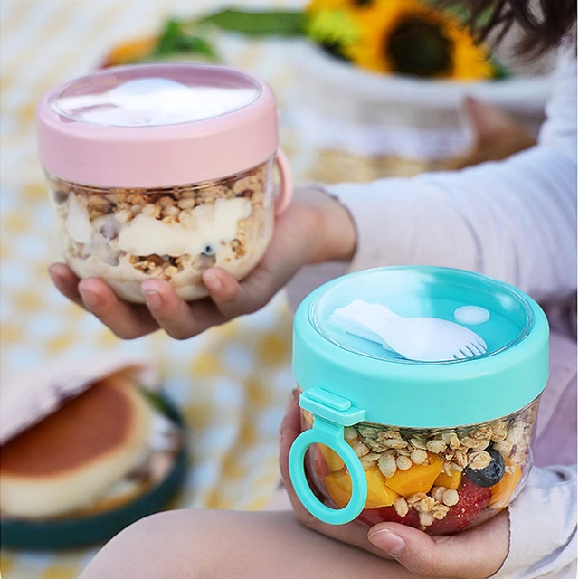 Overnight Oats Jar Breakfast Cereal Container with Lid & Spoon Plastic Portable Pink 400ml Blue Yogurt Salad Cup Cup