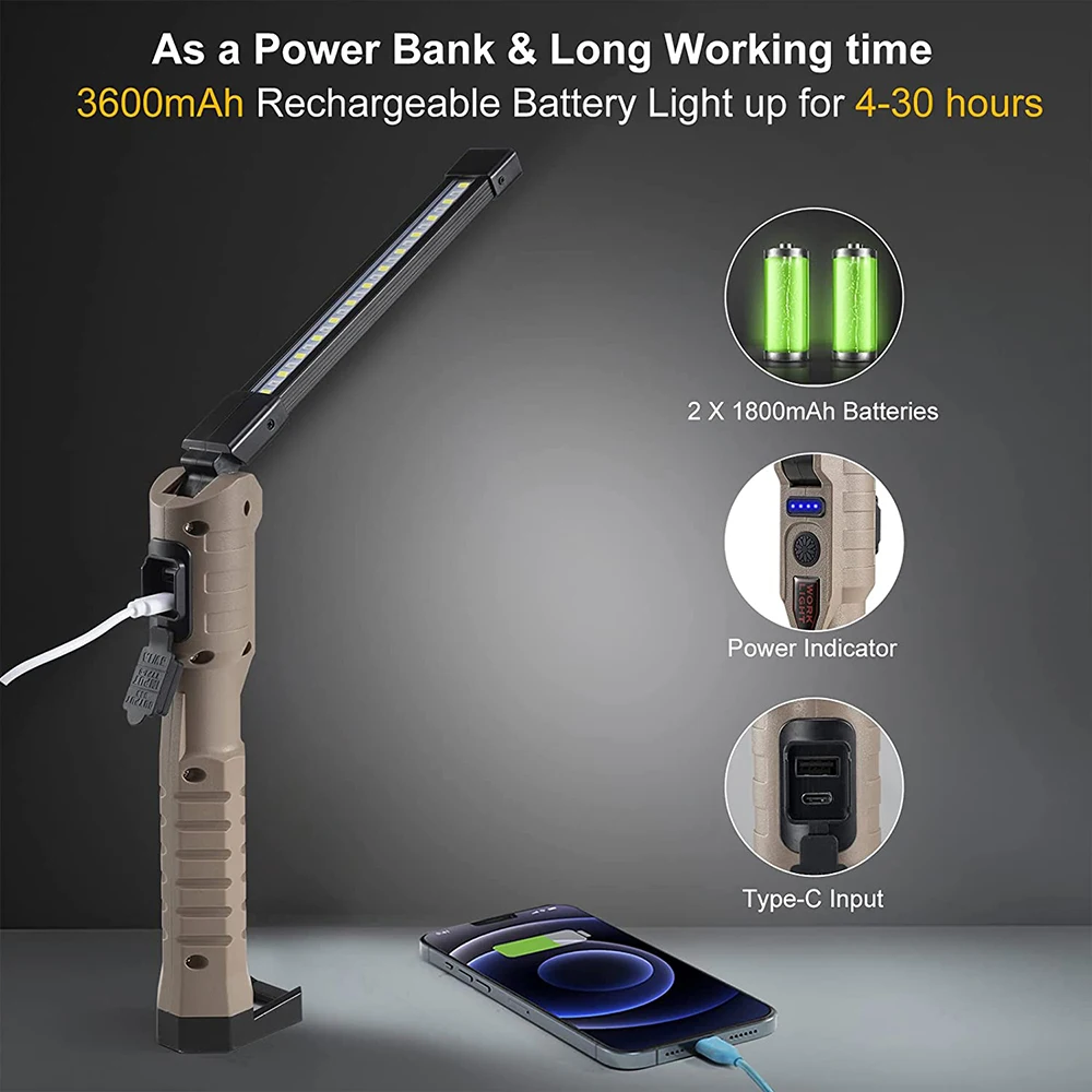 Rechargeable LED Work Light 1000 Lumens COB Work Lights with Power Capacity Indicator Handled Flashlights for Outdoor Car Repair led flashlight led work light work light