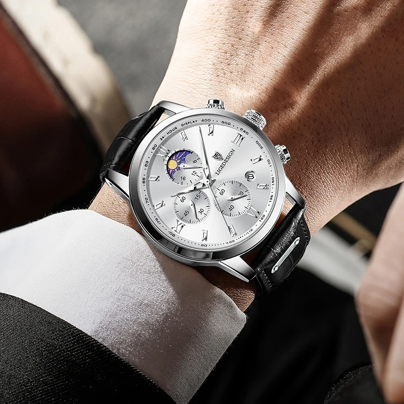 LIGE New 24 hour Moon Phase Watch Men Fashion Army Military Quartz Men Watch Leather Waterproof Sports Chronograph Reloj Hombre
