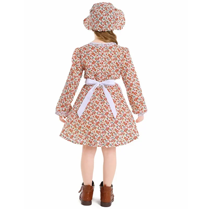 Floral Colonial Farm Village Girl Costume Pioneer Prairie Dress Bonnet Kids Girls Halloween Party Performance Costumes