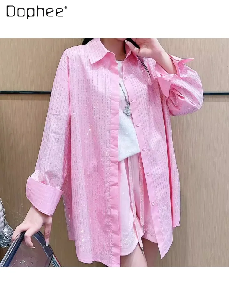 Camisas Fashion Rhinestone Polo Collar Shirt Female 2023 Spring and Autumn New Loose Casual Shirt Lady Temperament Women Tops 2023 new autumn fashion commuting elegant casual temperament rhinestone fishnet patch one shoulder flared leg jumpsuit for women