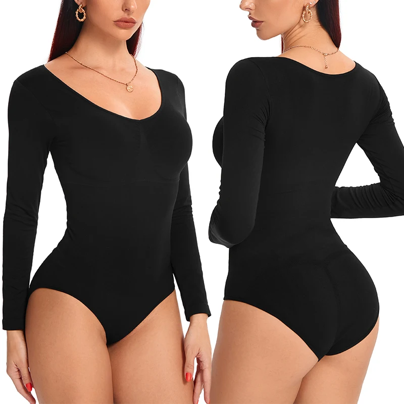 Body térmico para mujer, ropa interior de Control de barriga, de manga  larga, cuello en V, acolchado, Fajas cálidas, color negro, Otoño e Invierno  - AliExpress