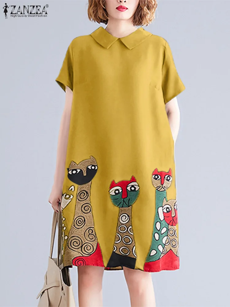 

Платье ZANZEA женское до колен, винтажный Повседневный пляжный сарафан свободного покроя с богемным мультяшным принтом и коротким рукавом, лето 2024