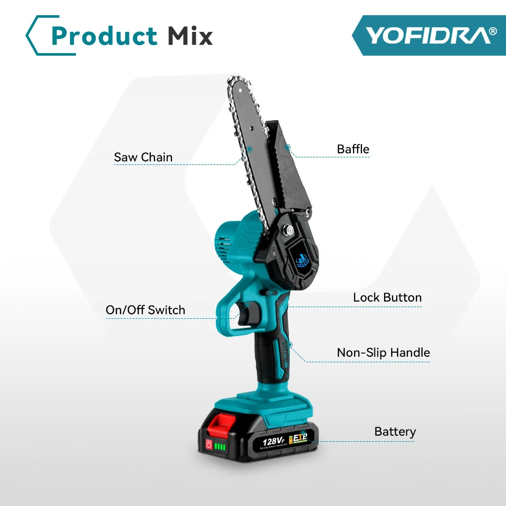 YOFIDRA 3000W 6 Inch Electric Chain Saw Mini Cordless Handheld Pruning Chainsaws Wood Cutting Power Tools For Makita 18V Battery 4